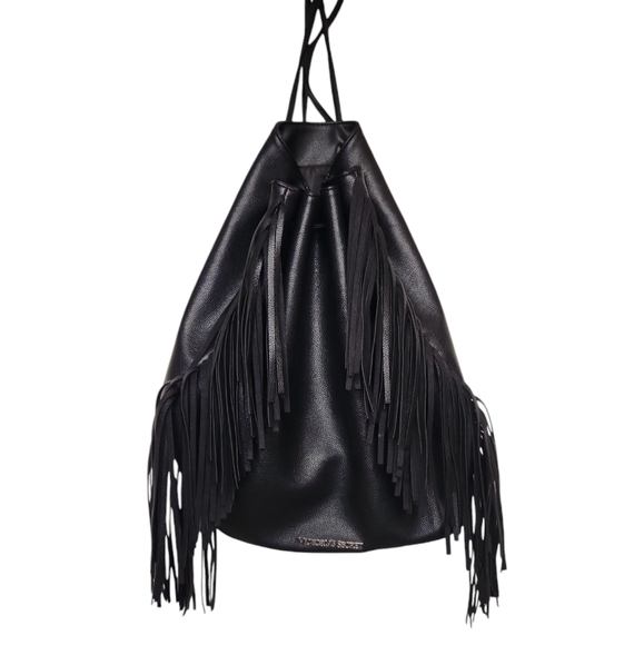 Victoria Secret Black Faux Leather Boho Fringe Backpack Shoulder Bucket Tote Bag - Picture 1 of 12